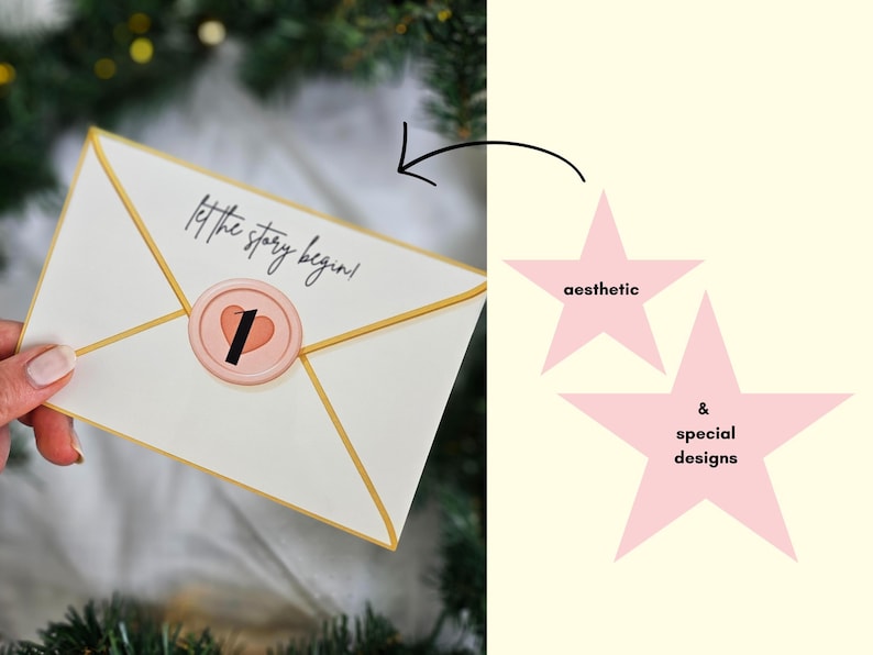 May include: A white envelope with gold trim and the text "Let the story begin!" is held by a hand. A pink wax seal with a heart and the number 1 is on the envelope. The image also includes two pink star shapes with the words "aesthetic" and "& special designs".