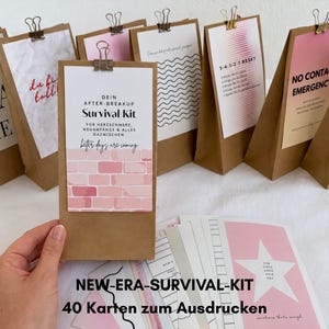 Könnte beinhalten: Eine Sammlung von braunen Papiertüten, die jeweils mit einer Metallklammer an einer Karte mit verschiedenen Designs und Texten befestigt sind, darunter Phrasen wie A NEW ERA OF ME, NO CONTACT EMERGENCY und DEIN AFTER-BREAKUP Survival Kit mit rosa Ziegelstein-Grafik.