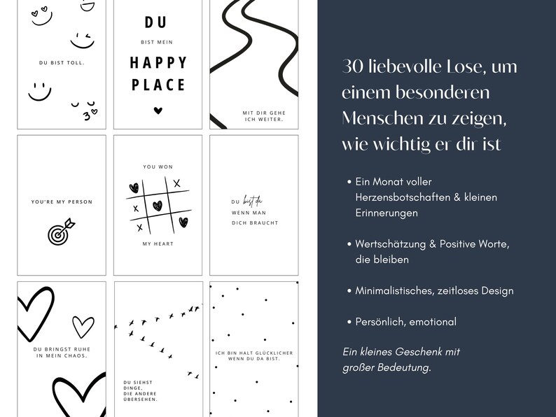 K&ouml;nnte beinhalten: Ein Satz wei&szlig;er Karten mit schwarzen Illustrationen und Text. Die Karten zeigen verschiedene Designs, darunter Herzen, Smiley-Gesichter und S&auml;tze wie "Happy Place" und "You're my person". Die Karten sind ein nachdenkliches Geschenk.