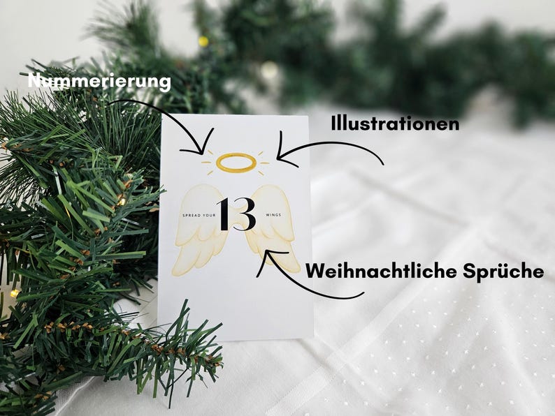 May include: A white card with the number 13, angel wings, and a golden halo illustration. The card has the text "Spread your wings". The background includes a Christmas tree branch and a white surface.