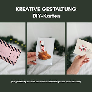 May include: A collage of three images featuring DIY cards. The first shows a pink gift certificate with black diagonal stripes. The second displays a white card with a tube of "dnp" and a pair of brown boots. The third shows a card with a star and the word "du".