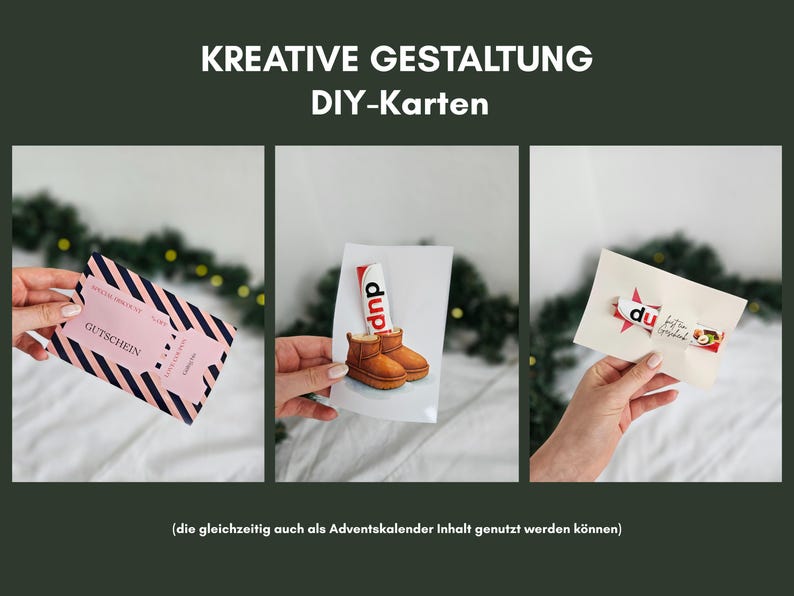 May include: A collage of three images featuring DIY cards. The first shows a pink gift certificate with black diagonal stripes. The second displays a white card with a tube of "dnp" and a pair of brown boots. The third shows a card with a star and the word "du".