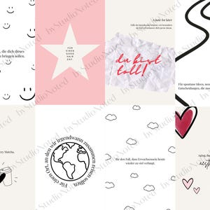 Op de afbeelding: Een collectie van zes digitale grafische kaarten met diverse illustraties en teksten. De ontwerpen bevatten smileys, een roze ster met tekst, een verfrommeld papier-effect, zwarte golvende lijnen, koffiebekers, een wereldbol, wolken en hartjes.