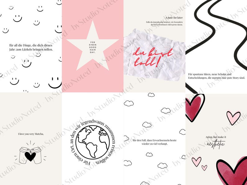 Op de afbeelding: Een collectie van zes digitale grafische kaarten met diverse illustraties en teksten. De ontwerpen bevatten smileys, een roze ster met tekst, een verfrommeld papier-effect, zwarte golvende lijnen, koffiebekers, een wereldbol, wolken en hartjes.