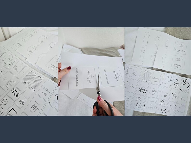 K&ouml;nnte beinhalten: Mehrere Bl&auml;tter wei&szlig;es Papier mit schwarzer Strichzeichnung und Text bedruckt. Eine Schere schneidet ein Blatt. Die Designs umfassen Geschenkkarten-Vorlagen, Illustrationen und S&auml;tze wie "Be Happy" und "Soft Care for Art".