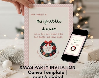 Editable Christmas Dinner Invitation Template | Modern Holiday Party Invite | Digital & Printable Canva Template | Festive Design