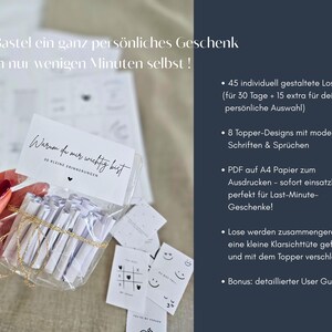 K&ouml;nnte beinhalten: Ein klarer Cellophanbeutel, gebunden mit goldenem Faden, enth&auml;lt gerollte wei&szlig;e Papierstreifen. Der Beutel ist mit "Warum du mir wichtig bist" und dem Text "30 kleine Erinnerungen" beschriftet. Zus&auml;tzliche Karten mit verschiedenen Designs sind sichtbar.