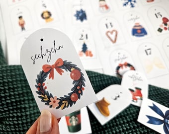 Adventskalender Geschenkanhänger – 24 Karten+ 3 | DIY zum Ausdrucken und Basteln | Minimalistische Weihnachtsillustrationen (PDF A4 digital)