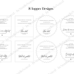 K&ouml;nnte beinhalten: Acht Topper-Designs mit schwarzem Text auf wei&szlig;em Hintergrund. Die Topper sind rechteckig und kreisf&ouml;rmig, mit S&auml;tzen wie "Warum du mir wichtig bist" und "F&uuml;r dich". Der Text ist in einer Schreibschrift.