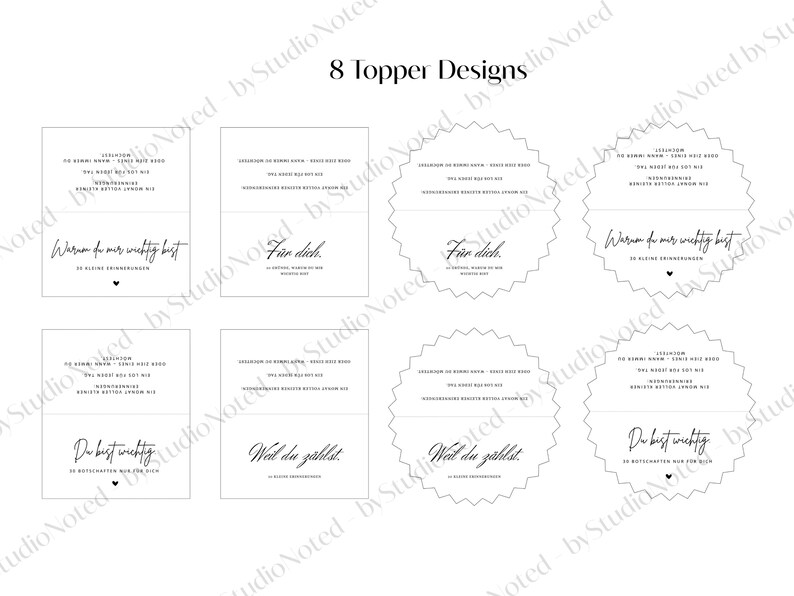 K&ouml;nnte beinhalten: Acht Topper-Designs mit schwarzem Text auf wei&szlig;em Hintergrund. Die Topper sind rechteckig und kreisf&ouml;rmig, mit S&auml;tzen wie "Warum du mir wichtig bist" und "F&uuml;r dich". Der Text ist in einer Schreibschrift.
