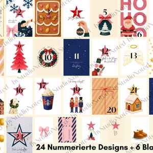 May include: A collection of 24 numbered Christmas designs plus 6 blank cards. The designs feature festive illustrations including stars, gingerbread, Santa Claus, and a gingerbread house. The text "24 Nummerierte Designs + 6 Blanko" is visible.