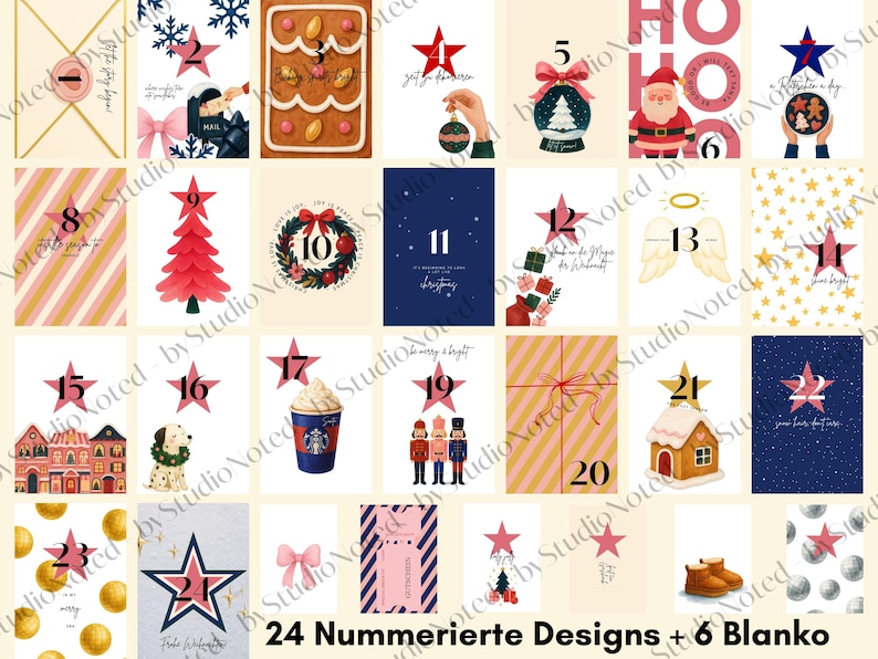 May include: A collection of 24 numbered Christmas designs plus 6 blank cards. The designs feature festive illustrations including stars, gingerbread, Santa Claus, and a gingerbread house. The text "24 Nummerierte Designs + 6 Blanko" is visible.