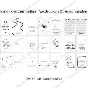 K&ouml;nnte beinhalten: Eine Sammlung von schwarz-wei&szlig;en Karten mit verschiedenen Designs und Texten. Die Karten zeigen Illustrationen von Herzen, Smiley-Gesichtern und S&auml;tzen wie "Happy Place" und "You're my person". Der Text "Kleine Lose zum selber Ausdrucken & Ausschneiden" steht oben.