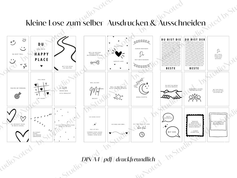 K&ouml;nnte beinhalten: Eine Sammlung von schwarz-wei&szlig;en Karten mit verschiedenen Designs und Texten. Die Karten zeigen Illustrationen von Herzen, Smiley-Gesichtern und S&auml;tzen wie "Happy Place" und "You're my person". Der Text "Kleine Lose zum selber Ausdrucken & Ausschneiden" steht oben.