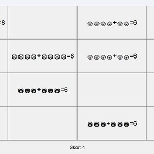 Puede incluir: Un juego de emparejamiento para niños con una cuadrícula de nueve cuadrados. Cada cuadrado contiene una ecuación matemática con una imagen de un oso. Las ecuaciones son 3 + 5 = 8, 4 + 2 = 6, 2 + 3 = 5, 3 + 3 = 6, 4 + 2 = 6, 3 + 2 = 5, 2 + 4 = 6. La puntuación es de 4.