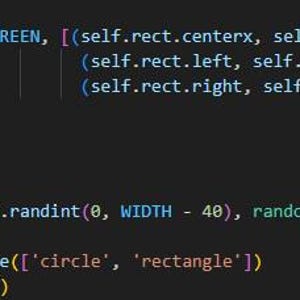 May include: Code snippet showing a class definition for an EnemyPlane object in Python. The code includes methods for initializing the object, setting its position, speed, shape, and color.