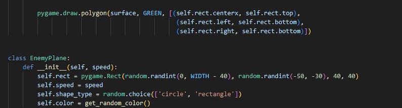 May include: Code snippet showing a class definition for an EnemyPlane object in Python. The code includes methods for initializing the object, setting its position, speed, shape, and color.