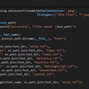 Pode incluir: Uma captura de tela de código Python em um fundo escuro. O código define uma classe chamada DavetiyeApp e inclui funções para salvar arquivos e recuperar caminhos de fontes. O código é exibido em um formato legível.