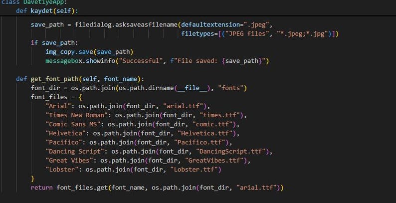 May include: A screenshot of Python code on a dark background. The code defines a class named DavetiyeApp and includes functions for saving files and retrieving font paths. The code is displayed in a readable format.