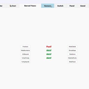 K&ouml;nnte beinhalten: Ein Screenshot einer Softwareoberfl&auml;che mit wei&szlig;em Hintergrund. Die Oberfl&auml;che hat mehrere beschriftete Schaltfl&auml;chen, darunter "Sunucu", das blau hervorgehoben ist. Der Text enth&auml;lt "Pasif" in Rot und "Aktif" in Gr&uuml;n, was den Status anzeigt.