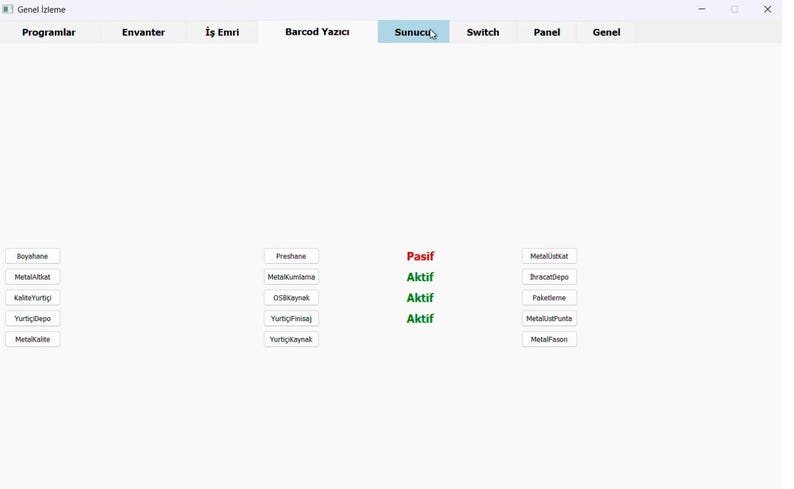 K&ouml;nnte beinhalten: Ein Screenshot einer Softwareoberfl&auml;che mit wei&szlig;em Hintergrund. Die Oberfl&auml;che hat mehrere beschriftete Schaltfl&auml;chen, darunter "Sunucu", das blau hervorgehoben ist. Der Text enth&auml;lt "Pasif" in Rot und "Aktif" in Gr&uuml;n, was den Status anzeigt.