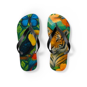 Vibrant Tropical Flip Flops for Summer, Beachwear, Vacation Footwear, Custom Sandals, Colorful Slippers