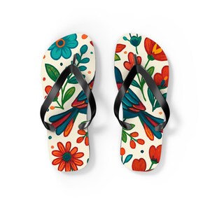 Colorful Floral Flip Flops, Summer Sandals, Beachwear, Vacation Essentials, Boho Style Footwear