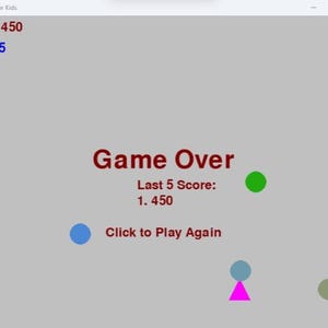 May include: A game over screen with the text "Game Over" in red. The score is 450 and the level is 5. The text "Last 5 Score: 1.450" is displayed below. The text "Click to Play Again" is displayed below the score. There are several colored shapes on the screen, including a blue square, a green circle, a blue circle, a gray circle, a blue circle, and a pink triangle.