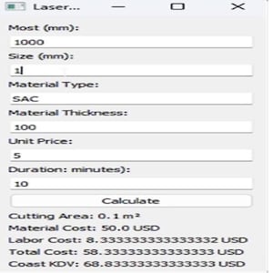 May include: A screenshot of a laser cutting software program with fields for inputting material dimensions, type, thickness, unit price, and duration. The program calculates the cutting area, material cost, labor cost, total cost, and cost per square meter.