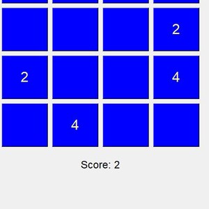May include: A blue screen with a grid of 9 squares. The squares are filled with the numbers 2 and 4. The text "Score: 2" is at the bottom of the screen.