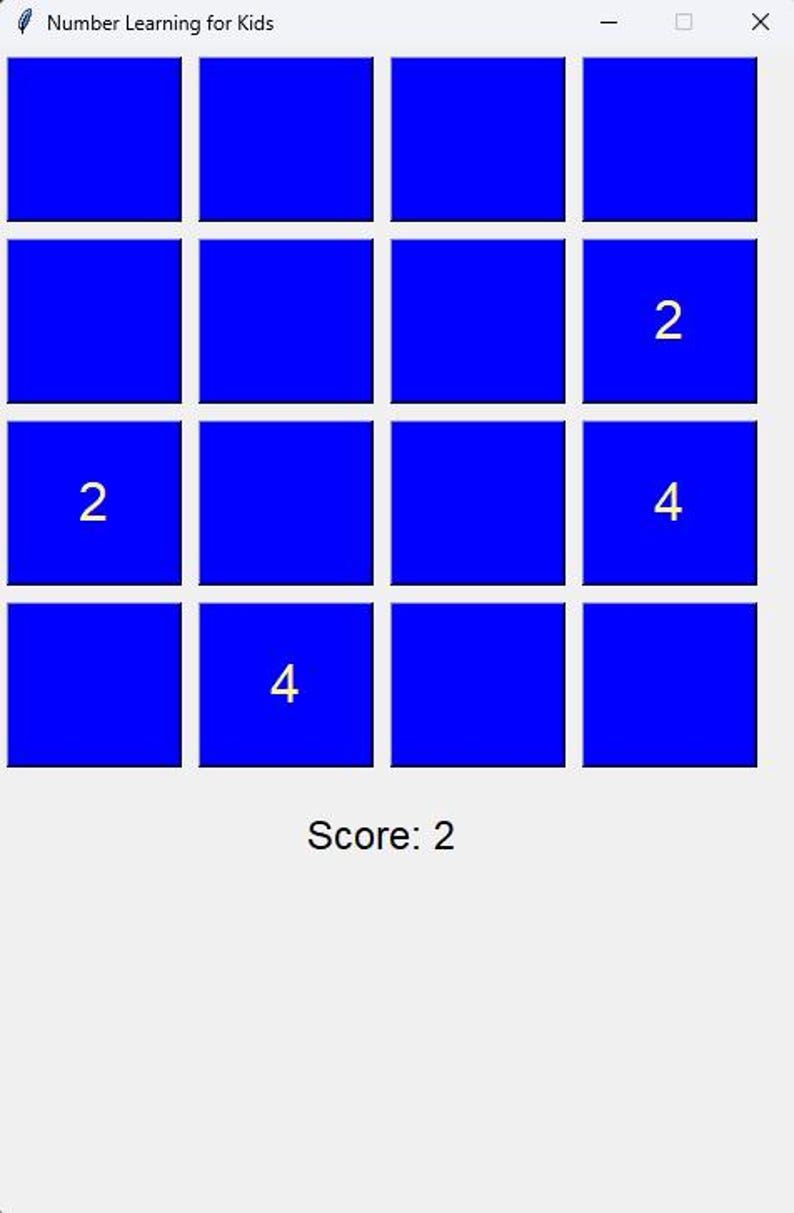 May include: A blue screen with a grid of 9 squares. The squares are filled with the numbers 2 and 4. The text "Score: 2" is at the bottom of the screen.