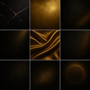 以下が含まれることがあります： 暗く豪華なテーマの9つの正方形の画像のコレクション。画像は、金色の静脈を持つ大理石、ボケ効果、流れる金色の生地などのテクスチャを特徴としています。他の画像は、金色のグリッターと金色のリングを備えた暗い背景を示しています。