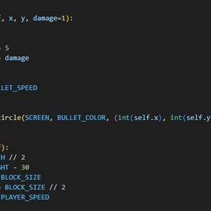 May include: A screenshot of Python code, possibly for a game, with class definitions for 'Bullet' and 'Player'. The code is displayed on a dark background with white and light blue text, showcasing programming logic.