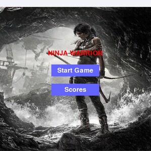 May include: A video game interface with a female character holding a bow and arrow, standing in front of a cave entrance. The game title "NINJA WARRIOR" is displayed in red, with blue buttons labeled "Start Game" and "Scores".