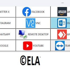 Könnte beinhalten: Ein Raster mit neun bunten Symbolen, die beliebte Social-Media-Plattformen, Kommunikationswerkzeuge und Remote-Desktop-Anwendungen darstellen. Die Symbole umfassen Twitter X, Facebook, Amazon, Instagram, VNC, Outlook, WhatsApp, Remote Desktop, Any Desk, Google, YouTube und Team Viewer.