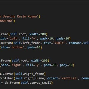 May include: A screenshot showing Python code for an ImageOverlayApp class. The code defines the app's initialization, frames, buttons, and canvas elements. The text "Resim &Uuml;zerine Resim Koyma" is visible in the code.