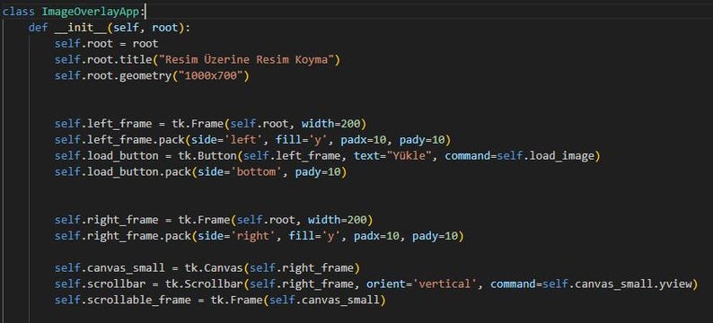 May include: A screenshot showing Python code for an ImageOverlayApp class. The code defines the app's initialization, frames, buttons, and canvas elements. The text "Resim &Uuml;zerine Resim Koyma" is visible in the code.