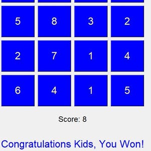 Könnte beinhalten: Ein blauer Bildschirm mit einem Raster aus 12 Quadraten, die jeweils eine Zahl von 1 bis 8 enthalten. Der Text "Number Learning for Kids" befindet sich oben auf dem Bildschirm. Der Text "Score: 8" befindet sich unter dem Raster. Der Text "Congratulations Kids, You Won!" befindet sich unten auf dem Bildschirm.