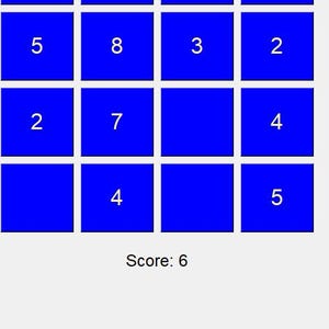 May include: A blue screen with a grid of 12 squares, each containing a number. The numbers are 7, 8, 3, 5, 8, 3, 2, 2, 7, 4, 4, and 5. The text "Score: 6" is displayed at the bottom of the screen.
