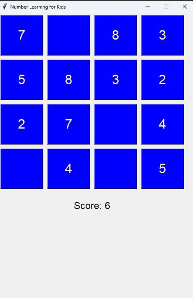 May include: A blue screen with a grid of 12 squares, each containing a number. The numbers are 7, 8, 3, 5, 8, 3, 2, 2, 7, 4, 4, and 5. The text "Score: 6" is displayed at the bottom of the screen.