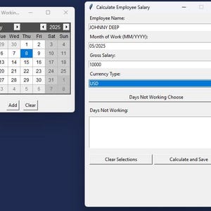 Puede incluir: Una captura de pantalla de una aplicación de software con dos ventanas. Una ventana muestra un calendario de mayo de 2025, con el día 8 resaltado. La otra ventana es una calculadora de salario, que muestra campos para el nombre del empleado, el mes de trabajo, el salario bruto y el tipo de moneda.