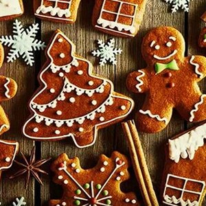 Könnte beinhalten: Sortiment an Lebkuchen, verziert mit weissem Zuckerguss und bunten Streuseln. Die Lebkuchen sind in Form eines Lebkuchenmanns, eines Weihnachtsbaums, eines Hauses, einer Schneeflocke und eines Sterns.