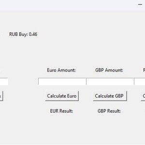 May include: A currency exchange calculator with fields for entering dollar, euro, GBP, and RUB amounts. Buttons allow users to calculate the equivalent amount in other currencies. The current exchange rates are displayed for USD, RUB, EUR, and GBP.