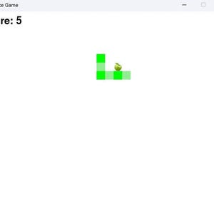 May include: A green snake game with a score of 5. The snake is in the shape of an L and is moving towards a green apple.