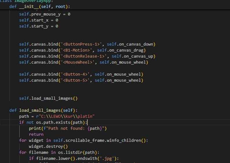 May include: A screenshot showing Python code on a dark background. The code defines a class and functions, including image loading and event handling. The text includes file paths and bindings, typical of a GUI application.