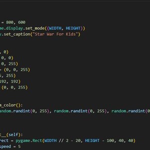 May include: Code for a game written in Python using the Pygame library. The code defines variables for colors, including black, white, green, aqua, gray, and a level color. It also defines a function to get a random color and a class called Plane.
