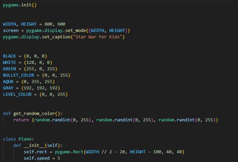 May include: Code for a game written in Python using the Pygame library. The code defines variables for colors, including black, white, green, aqua, gray, and a level color. It also defines a function to get a random color and a class called Plane.
