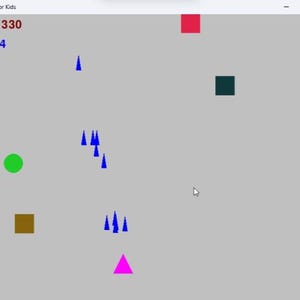 May include: A computer screen displaying a game called "Star War For Kids". The game shows a score of 330 and a level of 4. The game features a green circle, a brown square, a pink triangle, a blue triangle, a red rectangle, and a dark green square.