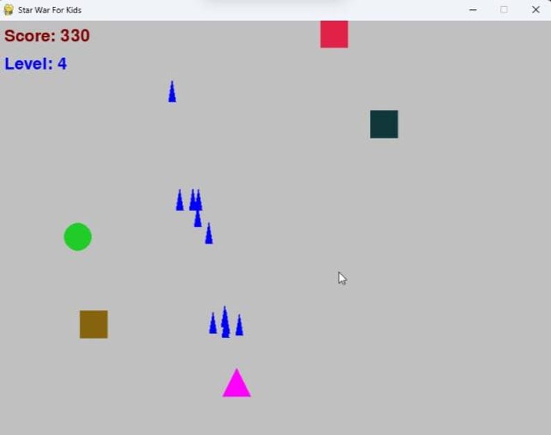 May include: A computer screen displaying a game called "Star War For Kids". The game shows a score of 330 and a level of 4. The game features a green circle, a brown square, a pink triangle, a blue triangle, a red rectangle, and a dark green square.