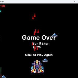 May include: A game over screen for a space shooter game called "Star Storm War". The score is 170 and the level is 2. The text "Game Over" is displayed in large red letters. The text "Son 5 Skor: 1.170" is displayed below the "Game Over" text. The text "Click to Play Again" is displayed below the score. The game is set in space and features a spaceship and aliens.